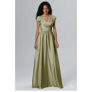 #24 MSRP $120 AW BRIDAL NWT OLIVE GREEN SATIN CHARMEUSE A-LINE GOWN ♡SIZE 16♡